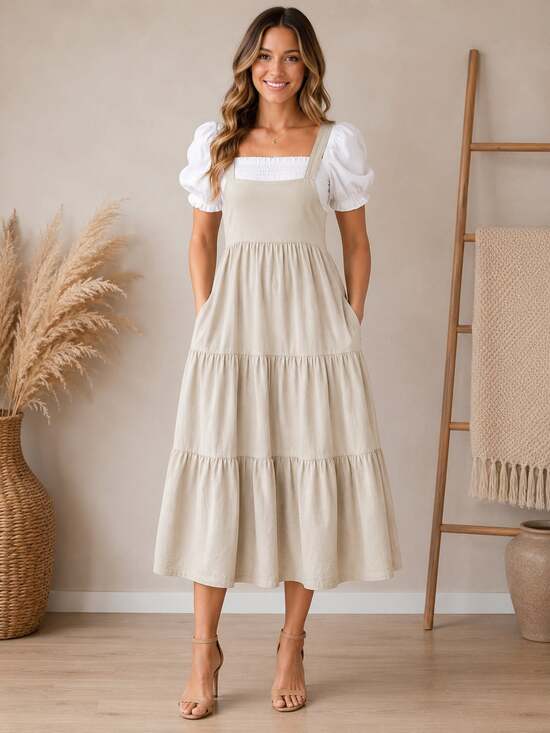 Polagram Dresses & Skirts - Polagram Beige Tiered Midi Pinafore Dress with Pockets